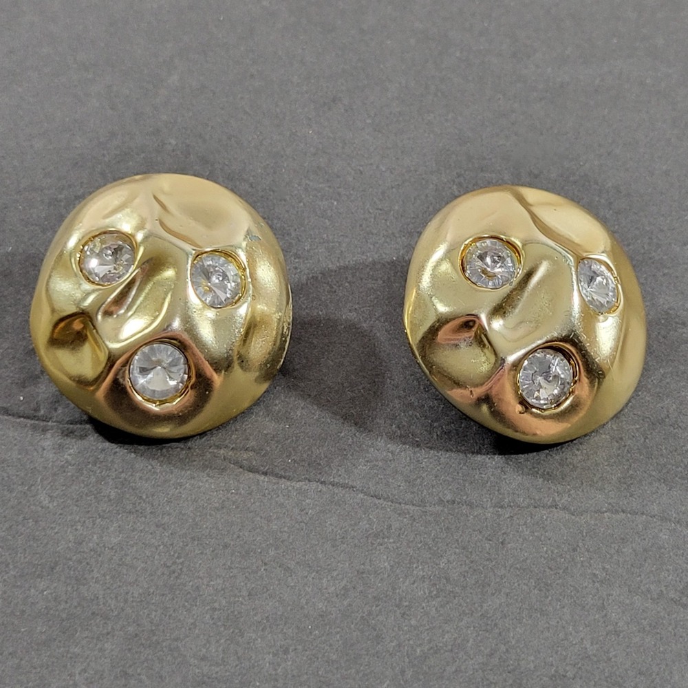 Large Abstract Button Clip On Earrings Gold Rhinestones Chunky 80s Gaudy Bold